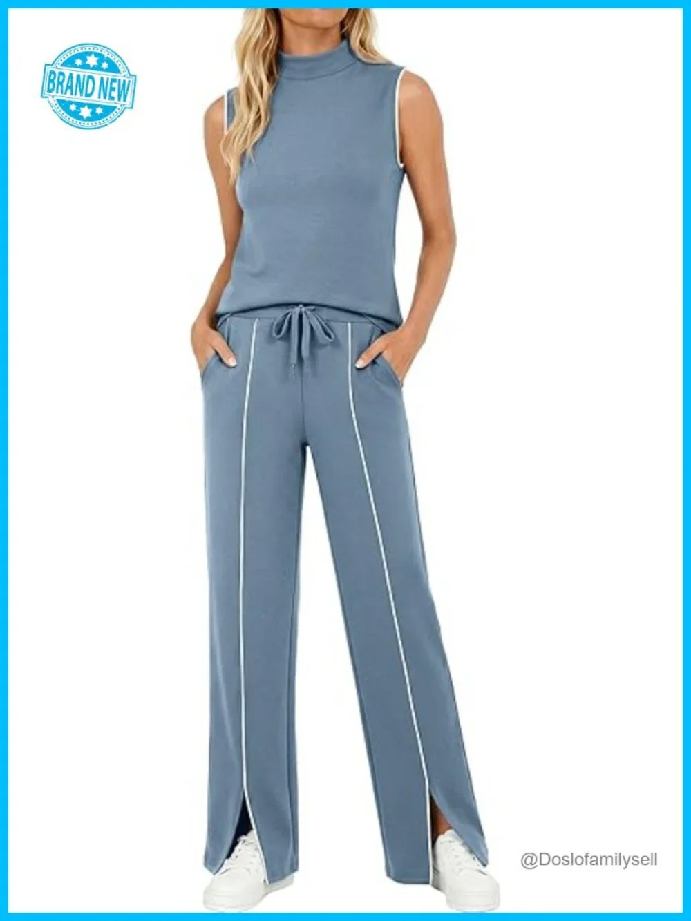 Two Piece Set Sleeveless Mock Neck Tank Top Wide Leg Pants Matching Lounge Set